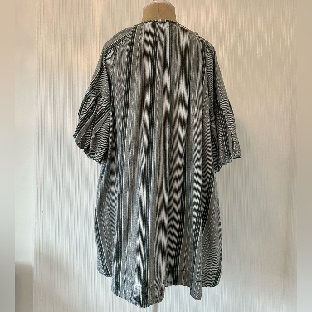 Free People Aleida Mini Dress/ Puff Sleeves/Green Striped/V-Neck - Picture 2 of 9